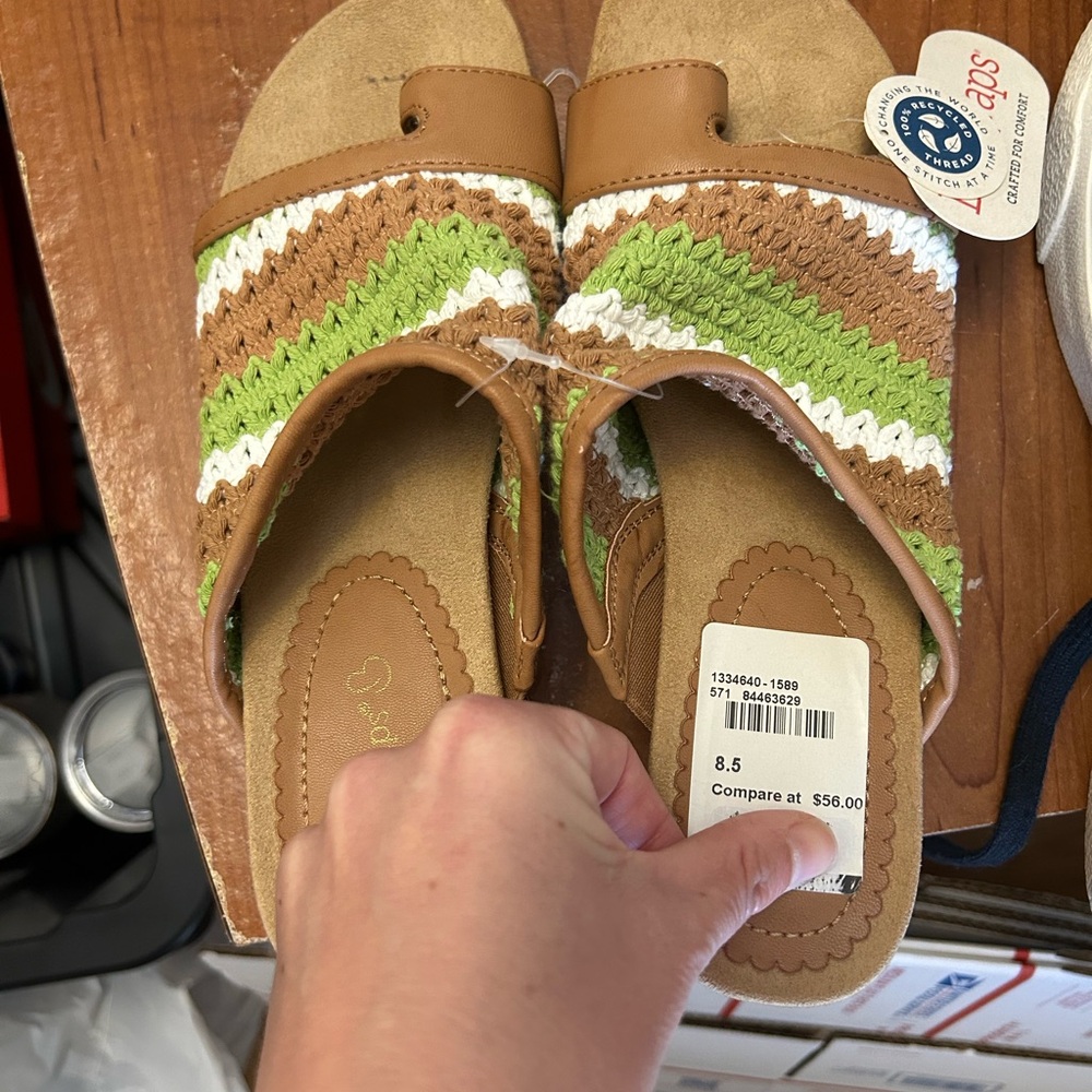 BareTraps Crochet Slide Sandals in Tan, Green & White